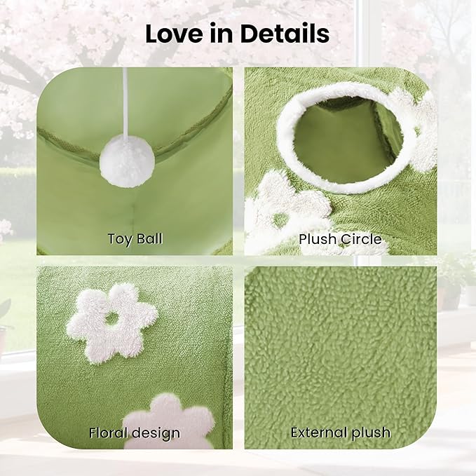 Tempcore Flannel Pet Cat Tunnel Tube Cat Toys 3 Way Collapsible, Cat Tunnels for Indoor Cats,Kitty Tunnel Bored Pet Toys Peek Hole Toy Ball Puppy, Kitty, Kitten, Rabbit Daisy Green