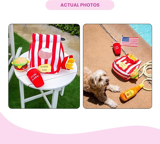 Glow Pups Dog Toys Food Parody Plush Dog Toy with Squeaker, Doggy Bag Hide and Seek Toy, Crinkly Bag for Burrowing Fun, Promotes Mental Stimulation and Reduces Stress, 12" x 9" x 5", Red Striped