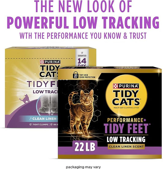 Purina Tidy Cats Performance Plus Tidy Feet Scented Low Tracking Cat Litter, Clumping, Multi-Cat Odor Control Kitty Litter with Clean Linen Scent - 22 lb. Box