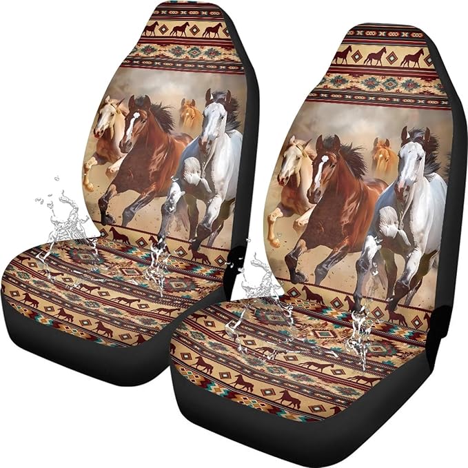 Car Seat Covers Waterproof Western Horse Aztec Front Seat Covers 2 PCS Removable Automotive Interior Accessories for Women Men Universal Fit Most Cars,SUV, Trucks
