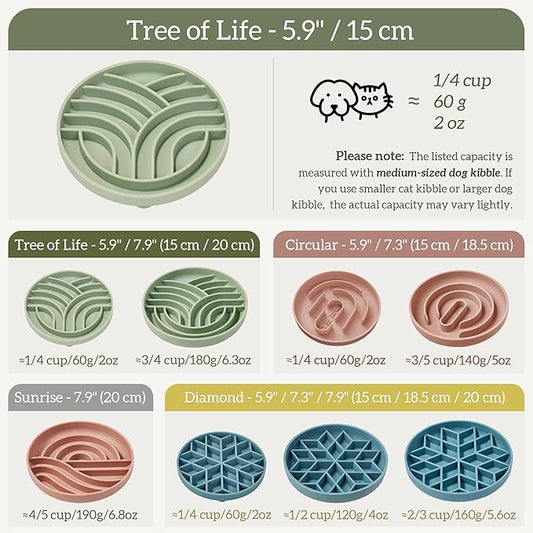 OHMO Slow Feeder Dog& Cat Bowl, Silicone Puppy Cat Food Bowl with Anti-Slip Suction Cup Slow Down Small Dogs Eating, Anti Choking (S-Tree of Life,Light Blue)