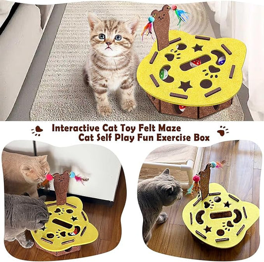 Interactive Felt Cat Maze Box with Cartoon Cat-Shaped Post, Fish-Shaped Puzzle ExerciseHide Seek Moving Toy for Cats, Mental Enrichment Self-Play Toy Encourages Hunting Instincts with 4 Balls