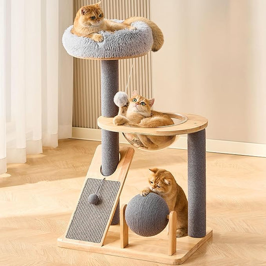 HITTITE Solid Wood Cat Tree Tower with Scratching Post, 37.8 Inches Tall Cat Towers with Scratching Board and Scratcher Ball, Modern Cat Tower With Space Capsule and Removable Top Bed for Indoor Cats.
