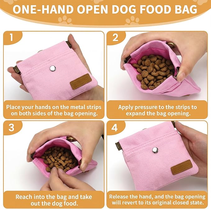 Dog Treat Pouch, Hand Free Dog Training Treat Bag with Carabiner & Magnetic Buckle, Auto Closing Dog Walking Bag for Puppy Travel or Outdoor Use, Pet Feed Snack Reward Pocket, Pink