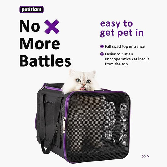 petisfam Soft Pet Carrier for Large and Medium Cats, 2 Kitties, Small Dogs. Easy to Get Cat in, Great for Cats that Don't Like Carriers (Black)