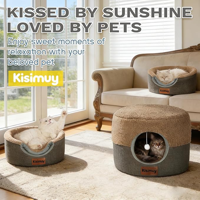 Cat Bed Cave for Indoor Cats, 2-in-1 Foldable Cat Cave & Lounge Bed with Reversible Cushion, Calming Anti-Anxiety Enclosed House for Small Dogs & Puppies, Donut Cozy Hideaway, 17.5 Inches (Brown)