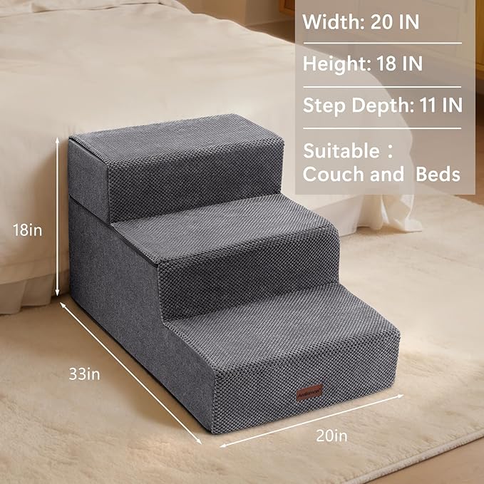 Dog Stairs for Large Dogs 18" H, Extra Wide Dog Steps for High Beds & Couches, 20" Wide Deep Steps, Non-Slip Dogs Ramp, 3-Step Pet Stairs, Grey