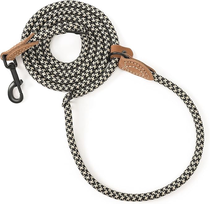 Mile High Life Hands Free Dog Leash, Crossbody Waist Leash with Genuine Leather Connection, Multifunctional Adjustable Slip Lead for Dog Walking Running (Black Khaki, 7FT)