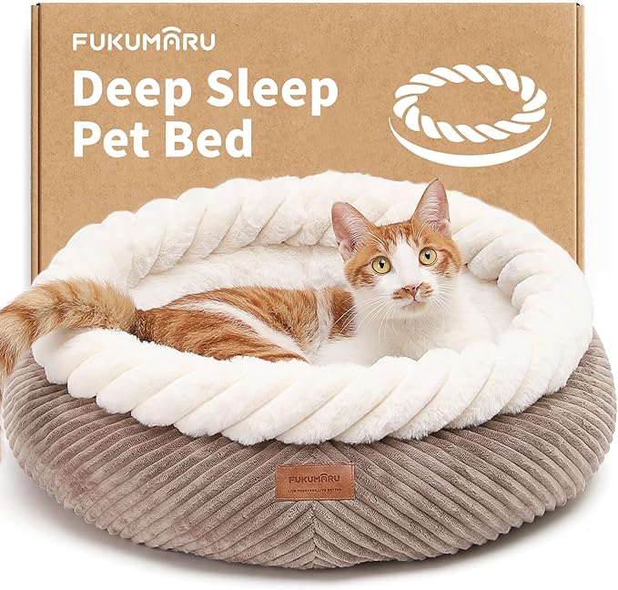 FUKUMARU Cat Bed, Calming Donut Dog Beds, Plush Faux Fur&Corduroy Kitten Beds, Cute Round Washable Pet Bed for Large Cats and Puppy, Cat Cave with Anti-Slip Bottom, 21inch, Camel