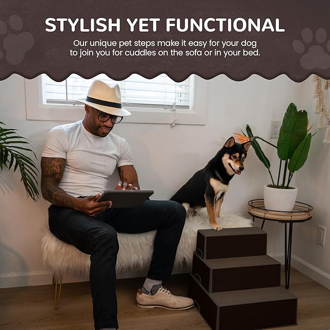 Pet Easy Steps Stairs for Small & Med Dog Cat Bed Sofa Chair - Adjustable Height & Portable - Stable with Rubberized Anti- Slip Mat & Magnetic Alignment - Easy 10 Second Setup - Espresso