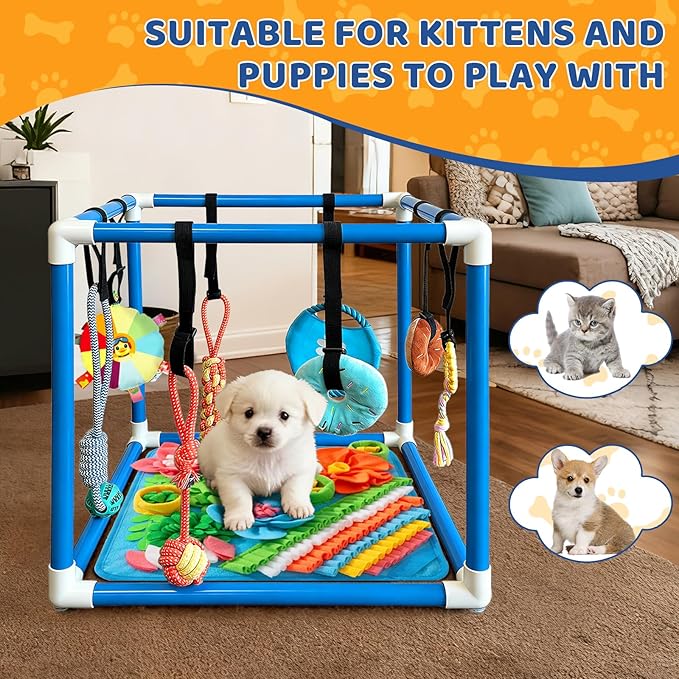 Puppy Play Gym with Snuffle Mat & 8 Hanging Toys Indoor Play Gym Interactive Dog Toys for Boredom Enrichment Activity for Small Dog PVC Frame Stretchy Rope with Velcro (Blue,19.6 x 19.6 x 19.6 inch)