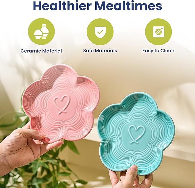 PawsPik Flower Ceramic Cat Feeding Plate with Raised Bamboo Stand, Elevated Whisker-Friendly Pet Bowl, Anti-Slip Stable Design, Dishwasher Safe (Pink)