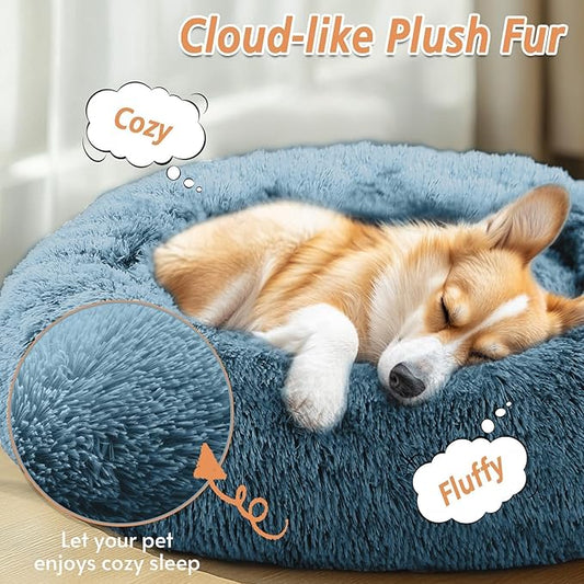 JOLLYVOGUE Calming Dog Beds Large Sized Dog, 36in Donut Washable Large Pet Bed, Anti-Slip & Anti-Anxiety Fluffy Faux Fur Round Dogs Bed, Fits up to 80 lbs Pets (Blue)