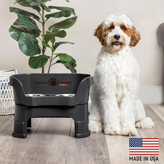 Neater Feeder Deluxe Mess-Proof Elevated Dog Bowls for Medium Dogs (19–40 lbs), 2 Height Adjustable (10” & 12.5”) No-Spill Raised Dog Bowl Stand, Stainless Steel Food Bowl Set, Made in USA, Black