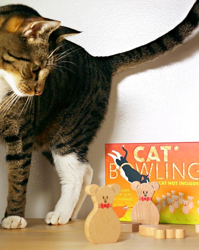 Terrarium Cat Bowling Game for Cats with 10 Wooden Pins and Laser Pointer