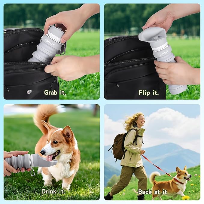 Portable Dog Water Bottle, Collapsible Silicone Dog Water Bottle with Bowl, Squeeze Leak-Proof Travel Water Dispenser for Walking, Hiking & Camping, 225–550ml (Pink)