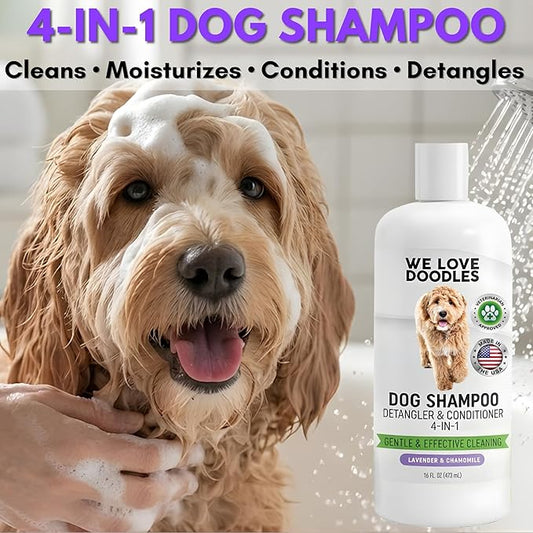 Dog Shampoo, Conditioner & Detangler - Best Shampoo for Goldendoodles, Poodles & Doodles Pet Hair - Hypoallergenic, Tearless, Sensitive Skin for Puppies & All Dog Breeds - Made in USA, 16OZ (Lavender)