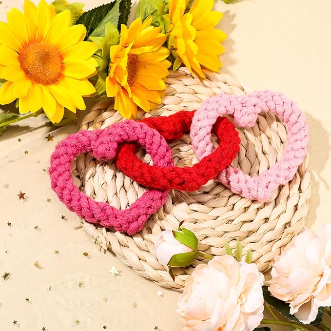 Zhanmai 3 Pieces Valentine's Day Interlocking Heart Rope Colorful Valentine Dog Toy Cotton Dog Rope Chewing Toys for Puppies Dogs Chew Toys for Small Medium Dogs, Pink and Red