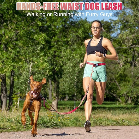 Heavy Duty Hands Free Dog Leash, 5-7 FT Reflective Adjustable Waist Dog Leash Belt with Padded Handles, Shock Absorbing Bungee and Car Seat Belt for Large Medium Dogs (Gradient Rose, XL)