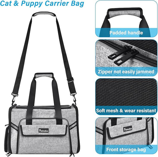 Petmolico Cat Carrier Soft-Sided Pet Bag for Small Medium Cats Puppies 16LBs - Airline Approved Pet Travel Carrier 3 Open Doors (Medium,Grey-X862)