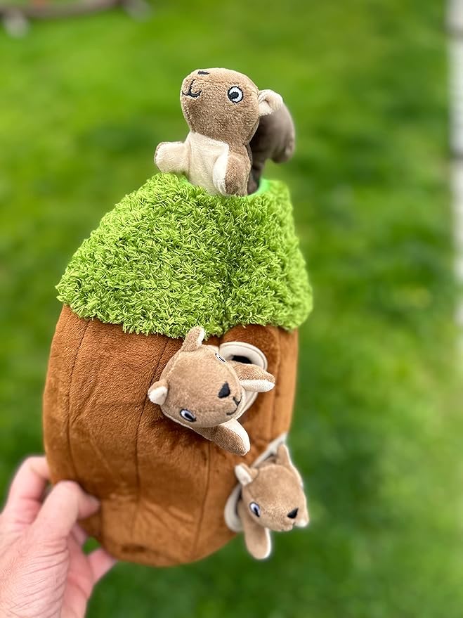 Glow Pups Squirrel in Tree Hide and Seek Plush Squirrel Inside Trunk Interactive Burrow Dog Toy for Small and Medium Size Dogs, Tree with Squirrels