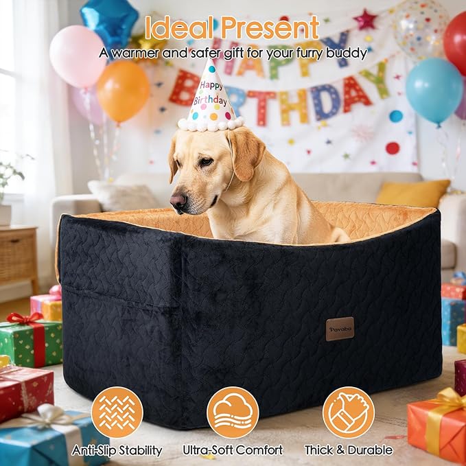 Dog Car Seat for Large Medium Dogs up to 60 lbs – Elevated Dog Booster Seat for Cars with Extra-Safe 14in High Front, Memory Foam Cushion, Washable Cover, Backseat Pet Car Bed (Brown/Black)