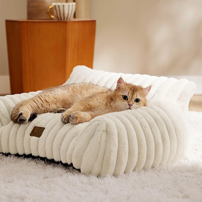 Bedsure Cute Cat Couch for Pets - Fluffy Cat beds with Premium Soft Corduroy Fleece, Fuzzy Cats beds for Indoor Cats with Removable Washable Cover, Supportive Pet Sofa, 24inch, Cream (Pack of 2)
