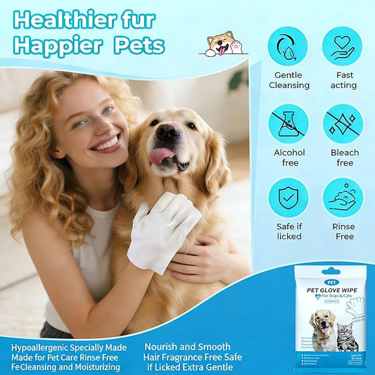 Pet Glove Wipes for Pet,Extra-Thick Rinse-Free Dog & Cat Grooming Gloves,Vet Recommended Hypoallergenic,Gentle & Safe for Cleaning,Deodorizing Wipes for Dander,6pcs unscent