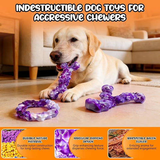 3 Pack Dog Chew Toys for Aggressive Chewers,Indestructible Dog Toy for Medium Large Dogs, Durable Chew Toys to Keep Dogs Busy,Super Chewer with Tough Nylon, Reduce Boredom & Anxiety(Bacon Flavored)