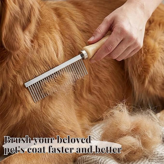 Pet Comb - Stainless Steel Teeth and Wooden Handle - Detangling and Smoothing Tool for Long and Short Hair Dogs and Cats