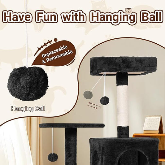 54 Inch Multi-Level Cat Tree Tower with Hammock, Condos & Scratching Posts, Large Cat Furniture for Indoor Cats with Pompoms, Black