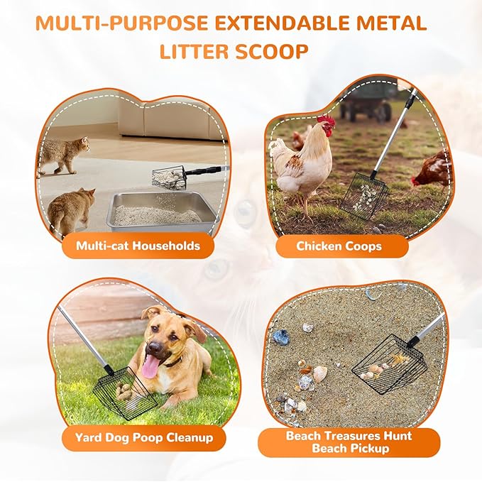 Metal Cat Litter Scoop with Holder, 43" Extendable Long Handle Cat Scooper for Litter Box, Solid & Durable, Deep Shovel for Fast Sifting, Large Pet Pooper Scooper for Kitty/Outside Dog Poop