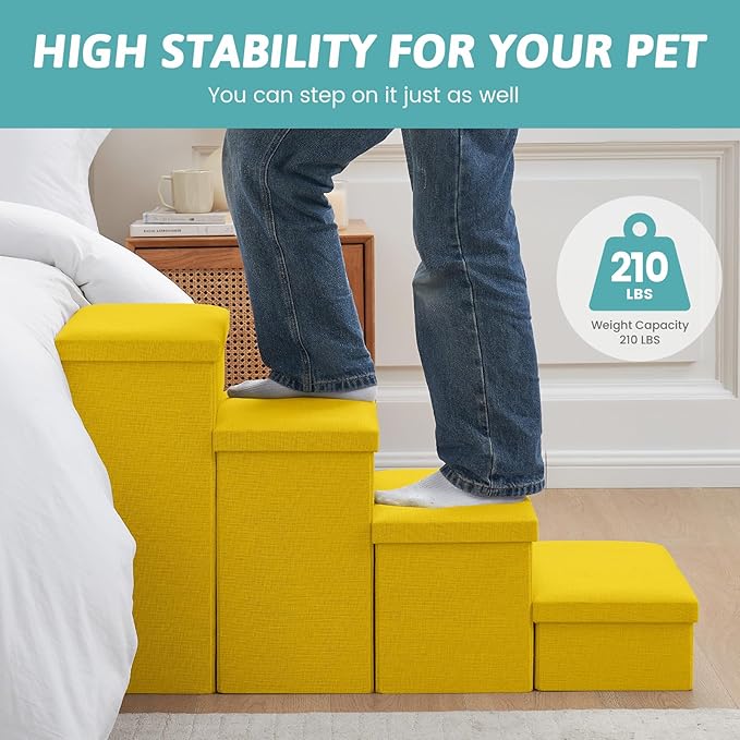 Dog Stairs with Storage, 3-Step Wider Sturdy Dog Steps for Small/Medium/Large Dogs and Older Cats, Folding Doggie Ramp for Bed/Couch/Car Hold Up to 180 lbs (16.7" H, Yellow)