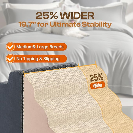 Extra Wide 4-Step Dog Stairs for Bed & Couch up to 20" H, More Stable Non-Slip Cat Steps with Balanced Foam Structure, Stylish Indoor Dog Steps for Senior Dogs and Cats, Beige