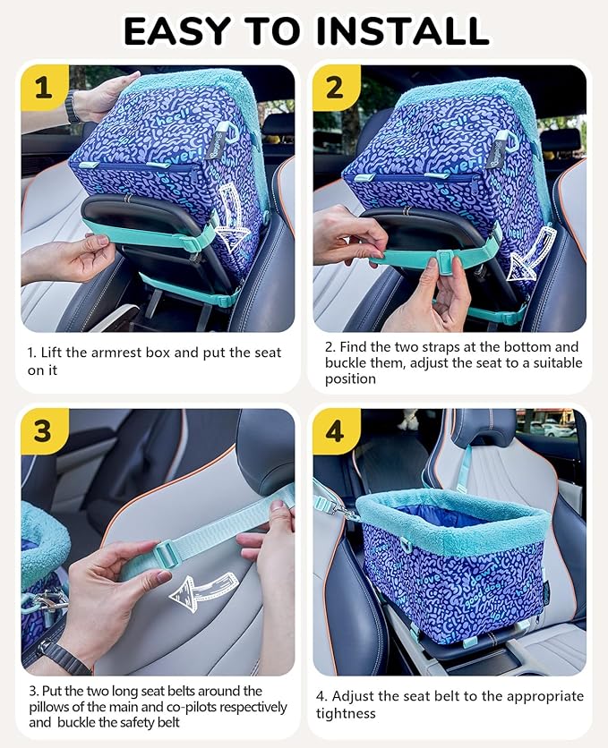 BurgeonNest Center Console Dog Car Seat for Small Dogs, Puppy Cat Car Seat Booster with Soft Cushion Safety Belt, Seats Safe & Cozy Metal Frame Armrest Dog Booster Pet Under 11 lbs (Word)