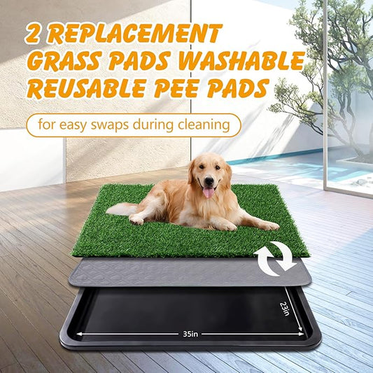 Dog Grass Pad with Tray, 35x23in Dogs Potty Tray with 2-Pack Replacement Artificial Grass and 2 Washable Reusable Pee Pads ,Dog Litter Box for Pet Training,Indoor Portable Pottys Pet Toilet