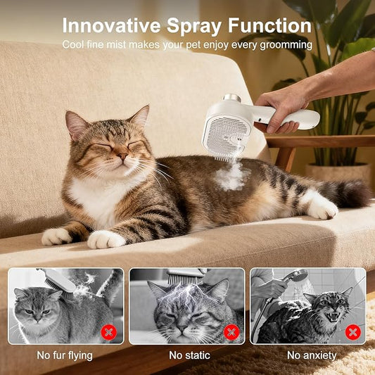 Pet Steam Brush for Dog & Cat, 3-in-1 Self Cleaning Cat Brush for Long & Short Haired Animals Low Noise, Anti-Static & Anti-Flying Mist Spray Hair Removal Comb for Shedding & Grooming & Massage