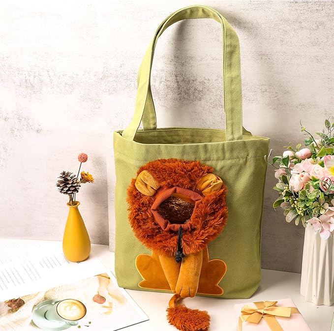 Cunno Pet Canvas Shoulder Bag Lion Shaped Cute Cat Carrier Handbag Portable Carrying Dog Tote Bag for Small Animal Supplies Outdoor Travel(Green)