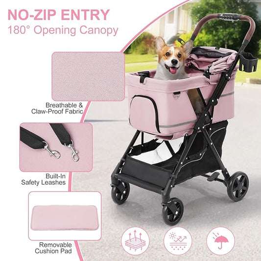 NO-Zip Pet Stroller for Small Dogs & Cats, Lightweight Dog Stroller with Reflective Safety Strips, One-Hand Fold, Claw-Proof Mesh, Breathable Travel Carriage, 33lbs Capacity, Pink