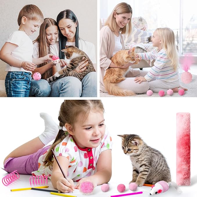 24 Pcs Cat Toys Set Interactive Kitten Toys Pack Including Collapsible Play Tunnel Feather Teaser Wand Fuzzy Ball Springs Pillow Mouse Bells for Indoor Cats Puppy(Pink)