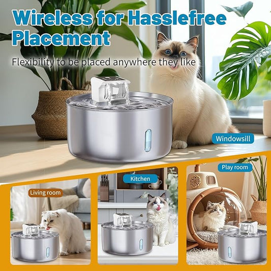 Wireless Dog Water Fountain - Dog Water Bowl Dispenser, 7L/236oz Large Capacity Stainless Steel Cat Fountain with Motion Sensor, Auto Water Dispenser for Multi-Pet Home (Circle+5 Filters+5 Sponges)