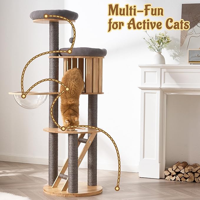 Modern Cat Tree Tower with Scratching Post, 61.5in Tall Cat Tree for Indoor Cats, Multi-Level Solid Wood Cat Furniture with Ladder, Cozy Cat Beds, Cat Condo, Capsule Nest, Dangling Toy, Gray