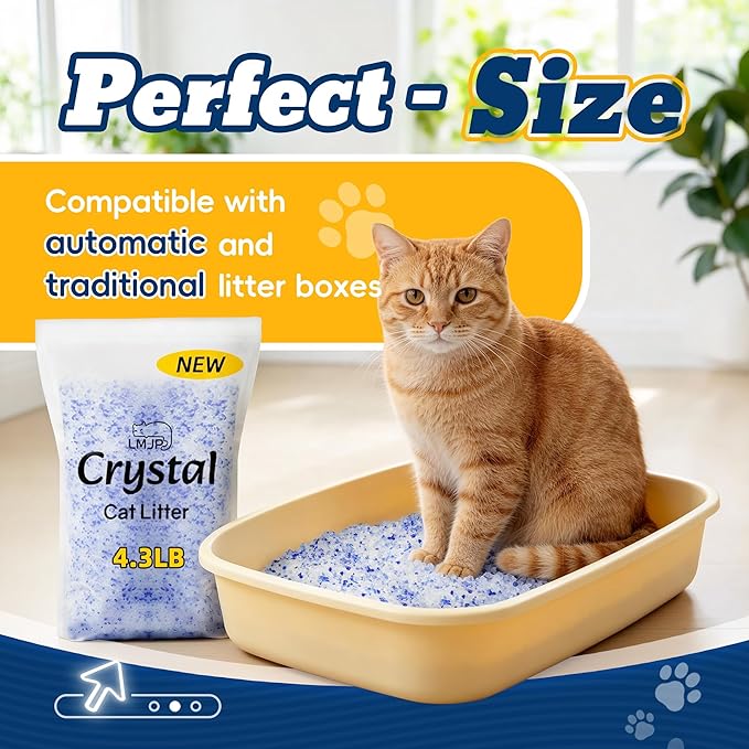 Crystal Cat Litter with Powerful Odor Control, Non-Clumping, Lasts Up to 4 Months, 17.2lb, Rapid Water Absorption, Unscented & Low Tracking Lightweight Blue & White Silica, 4 Pack of 4.3lb