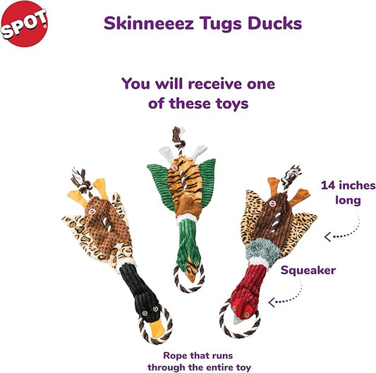 SPOT Skinneeez Tugs Mini Duck Tug Dog Toy – 14" Stuffing-Free Plush Toy with Rope Handle & Squeaker – Durable Tug Toy for Small & Medium Dogs, Moderate Chewers, Assorted Styles