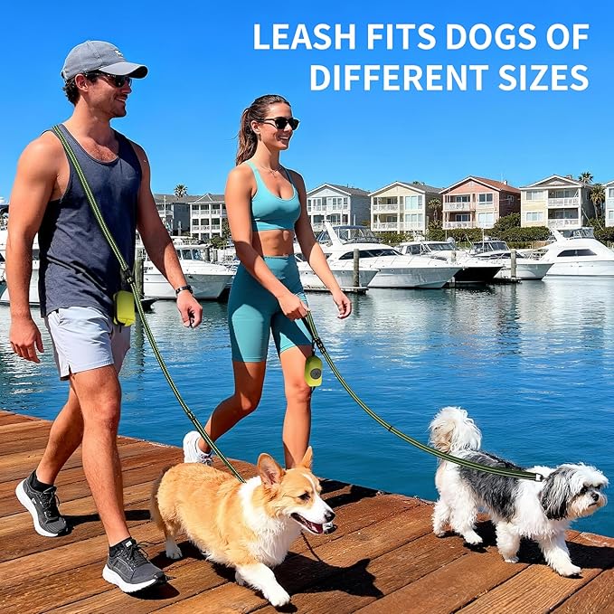 Kazazoo Hands-Free Dog Leash with Poop Bag Holder, Adjustable 4-7 Ft Waist for Dog Walking, Running for Small & Medium Dogs with Reflective Strips, Nylon Waist Belt, Green