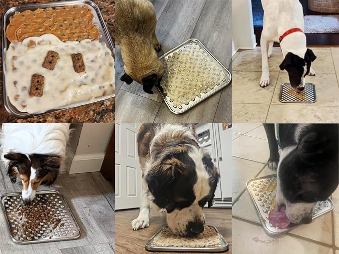 Stainless Steel Large Lick Mat for Dogs & Cats, Chew-Proof Slow Feeder, Anxiety Reducer, Whisker-Friendly for Cats, Non-Slip Heavy Duty Base, Raw Feeding Pad, Dishwasher Safe