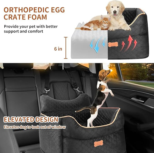 Dog Car Seat - Memory Foam Dog Booster Seats for Small Dogs Up to 25lbs-Elevated Pet Car Seat with Storage Pockets and Dogs Seat Belt-Pet Travel Bed for Front & Back Seats-Removable Washable-Black