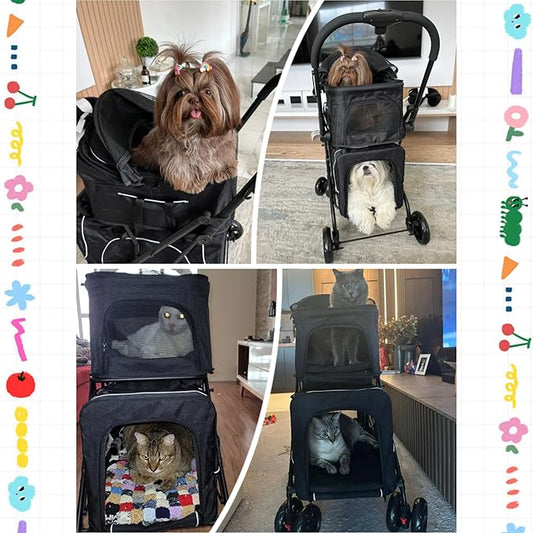 Double Dog Stroller with Cup Holder, Foldable 3-in-1 Cat Strollers with 2 Detachable Carriers, Safety Belt, Washable Cover, Removable Pads, 4 Wheels Travel Pet Stroller for Small Medium Dogs (Black)