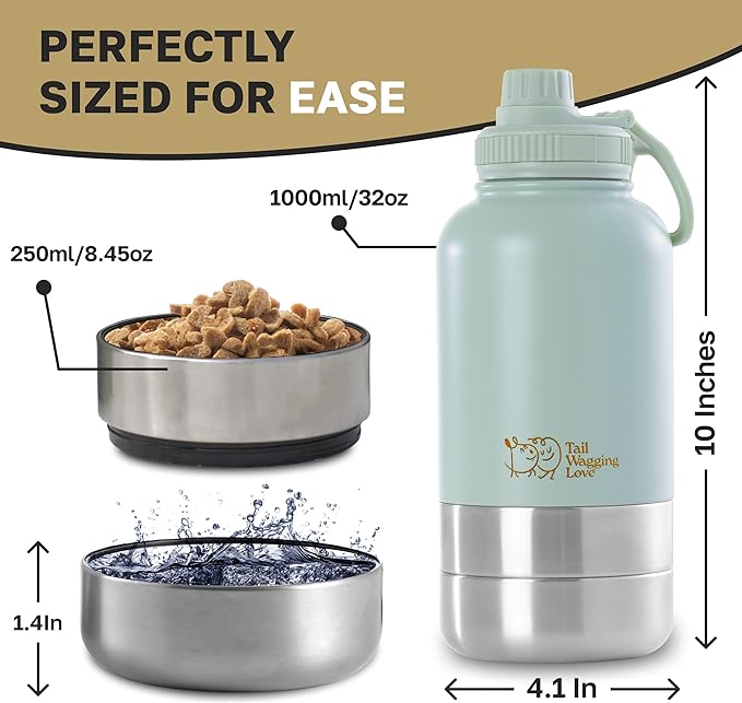 32oz 3-in-1 Portable Travel Water Bottle, Food & Hydration Bottle - Dual Use for Humans & Pets with Detachable Bowls, Stainless Steel, Keeps Water Hot for 6hrs & Cold for 12hrs