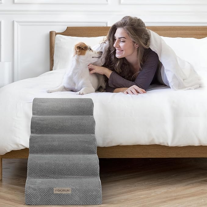 Dog Stairs for High Beds Up to 26", Extra-Tall 24.5" 5-Step Foam Pet Ramp with Washable Cover, Gentle Slope Steps, Bed & Couch Ladder for Small Medium Dogs & Senior Cat, Puppy Climbing Stairs